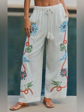 Anthropologie Celandine Embroidered Linen Blend Wide Leg Pants Size Medium New